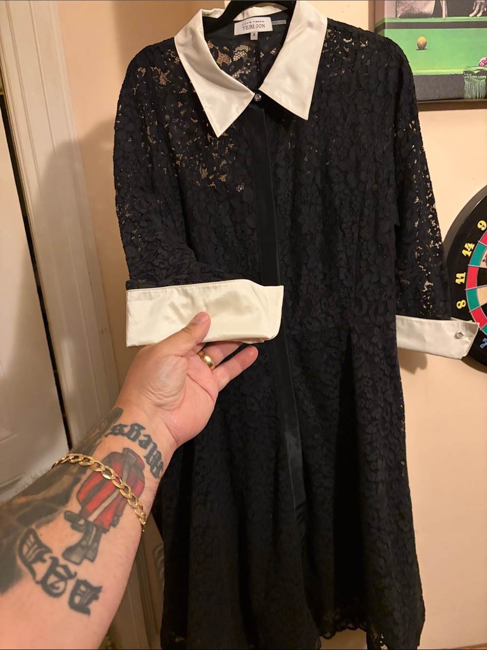 Teri Jon Black Lace Maxi Dress with White Collar and Cuffs - Picture 13 of 16